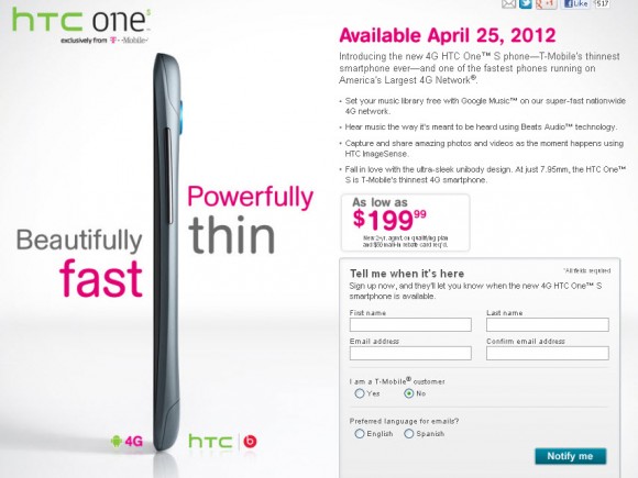 T-Mobile HTC One S Smartphone Will Available on April 25